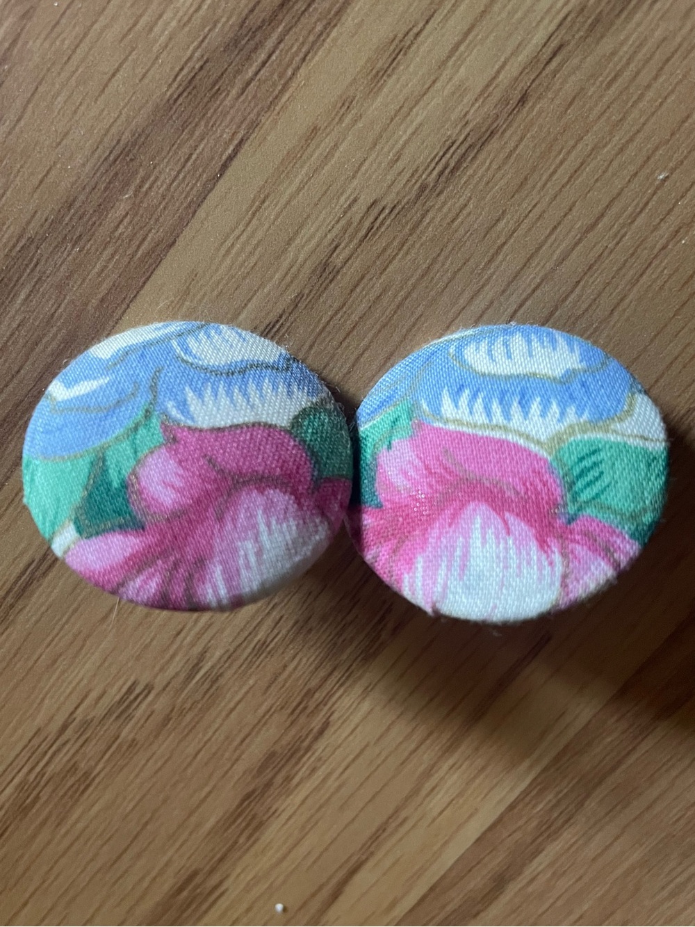 Floral Fabric Button Earrings in Pink and Blue